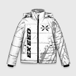 Куртка зимняя для мальчика Exeed speed на светлом фоне со следами шин: надпис, цвет: 3D-черный
