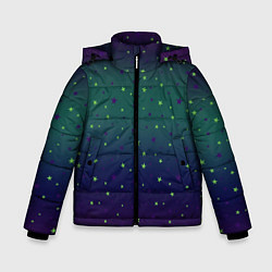 Зимняя куртка для мальчика Неоновые зеленые и сиреневые звезды на темно зелен