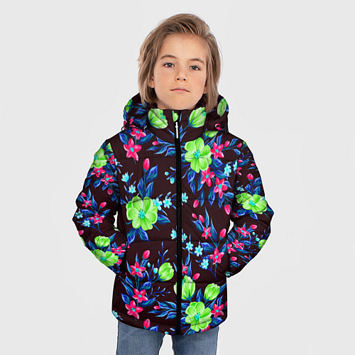 Зимняя куртка для мальчика Неоновые цветы - паттерн / 3D-Черный – фото 3