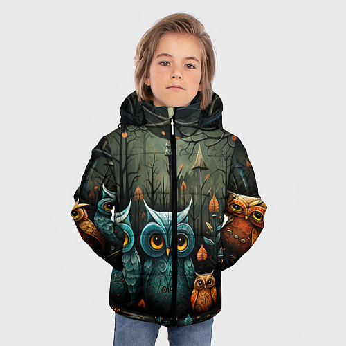 Зимняя куртка для мальчика Совы в стиле Folk Art / 3D-Черный – фото 3