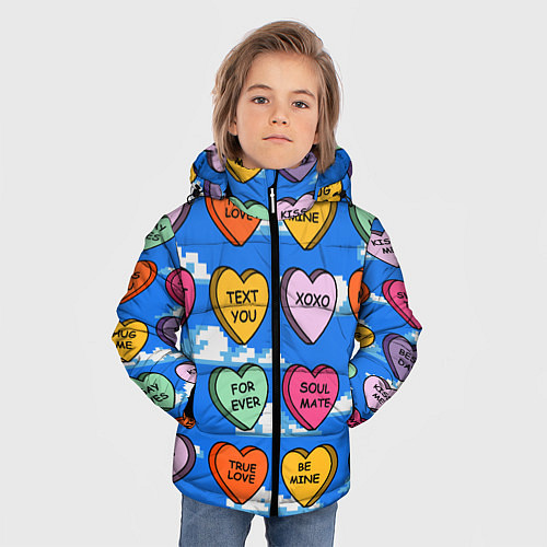 Зимняя куртка для мальчика Валентинки конфетки сердечки с посланиями / 3D-Светло-серый – фото 3