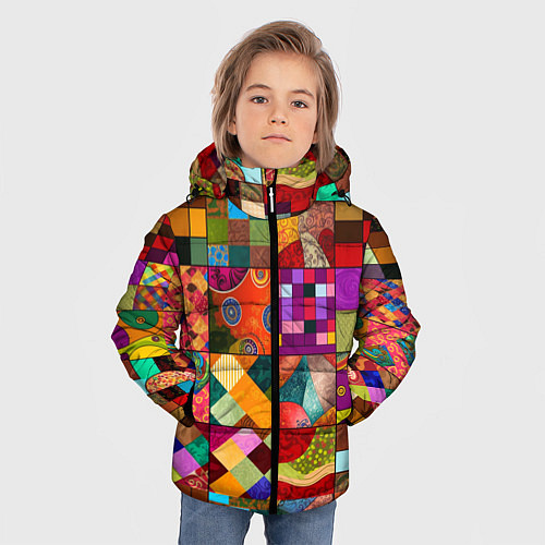 Зимняя куртка для мальчика Лоскутное шитье, пэчворк из нейросети / 3D-Красный – фото 3