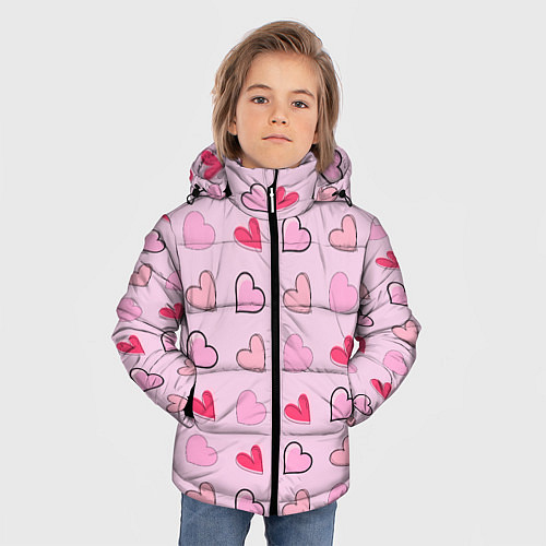 Зимняя куртка для мальчика Валентинки на нежно-розовом фоне / 3D-Черный – фото 3