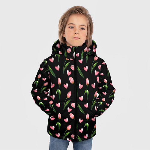 Зимняя куртка для мальчика Тюльпаны и сердечки на черном - паттерн / 3D-Черный – фото 3
