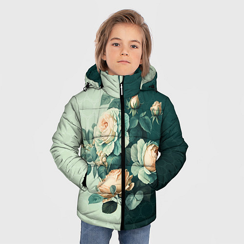 Зимняя куртка для мальчика Розы на зеленом фоне / 3D-Черный – фото 3