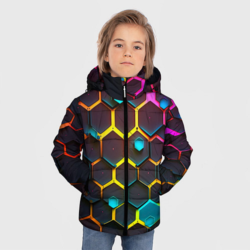 Зимняя куртка для мальчика Неоновые абстрактные соты / 3D-Черный – фото 3