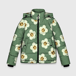 Зимняя куртка для мальчика Цветочки-смайлики: темно-зеленый паттерн
