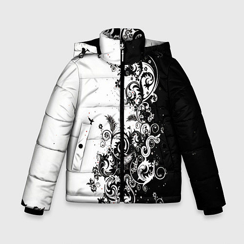 Зимняя куртка для мальчика Черно-белая птица среди узорчатых цветов / 3D-Светло-серый – фото 1