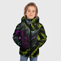 Куртка зимняя для мальчика Фиолетовый цветок и зеленые абстрактные листья, цвет: 3D-черный — фото 2