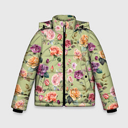 Зимняя куртка для мальчика Акварельные цветы - паттерн зеленый