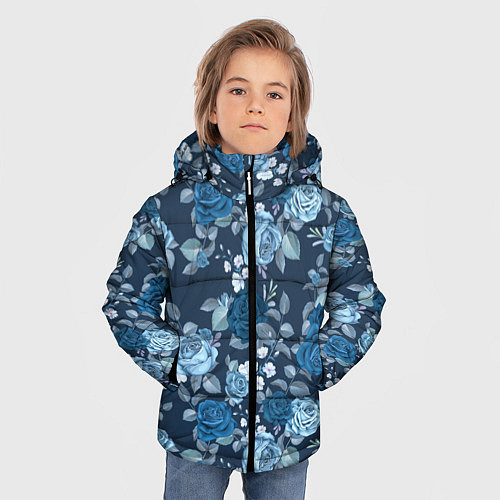 Зимняя куртка для мальчика Голубые розы паттерн / 3D-Черный – фото 3