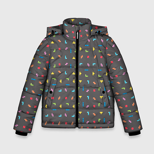 Зимняя куртка для мальчика Блоки Тетрис на сером фоне / 3D-Светло-серый – фото 1