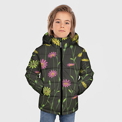Куртка зимняя для мальчика Полевые цветочки на темном фоне, цвет: 3D-светло-серый — фото 2