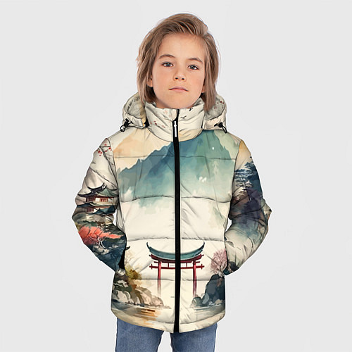 Зимняя куртка для мальчика Японский пейзаж - акварель / 3D-Красный – фото 3