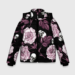 Куртка зимняя для мальчика Розовые цветы с черепами, цвет: 3D-черный