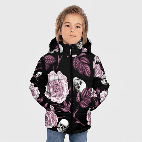 Зимняя куртка для мальчика Розовые цветы с черепами / 3D-Черный – фото 3