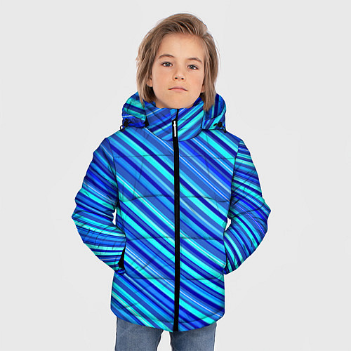 Зимняя куртка для мальчика Сине голубые узорчатые полосы / 3D-Черный – фото 3