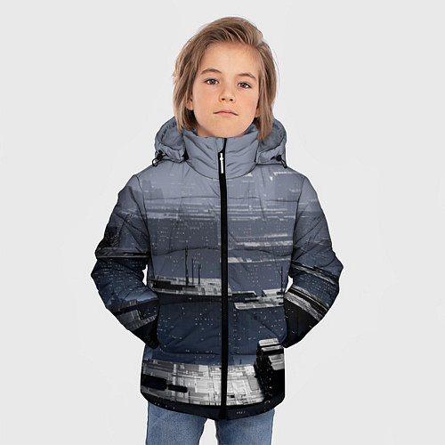 Зимняя куртка для мальчика Тёмный металлический город будущего / 3D-Светло-серый – фото 3