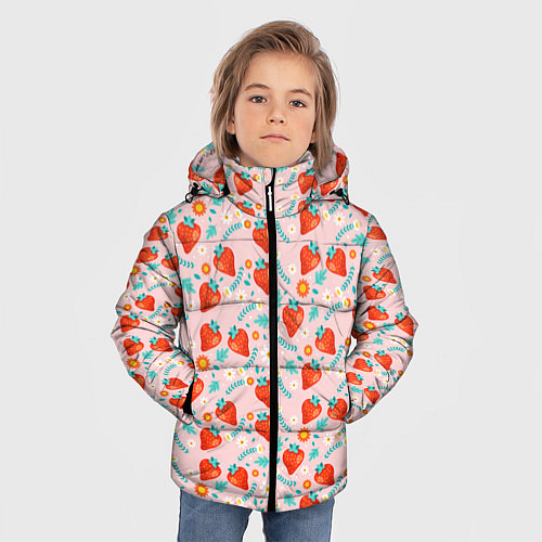 Зимняя куртка для мальчика Паттерн клубника и цветы / 3D-Черный – фото 3