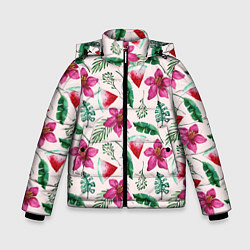 Куртка зимняя для мальчика Арбузы, цветы и тропические листья, цвет: 3D-светло-серый
