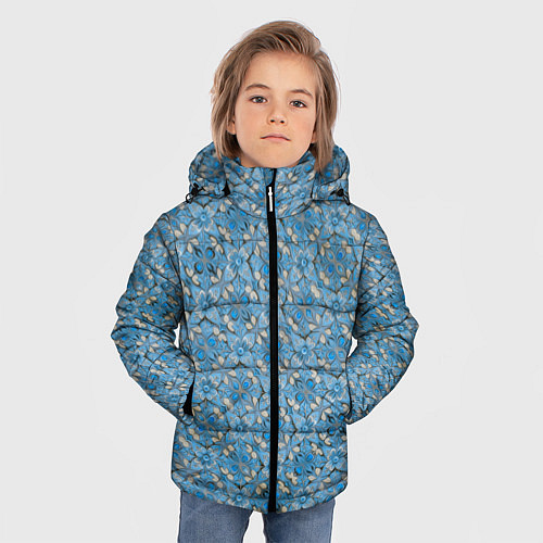 Зимняя куртка для мальчика Голубые незабудки текстура дерева / 3D-Черный – фото 3
