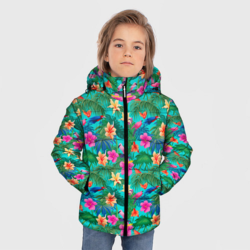 Зимняя куртка для мальчика Разные цветочки на зеленом фоне / 3D-Красный – фото 3