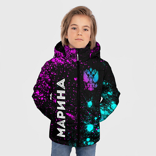 Зимняя куртка для мальчика Марина и неоновый герб России: надпись, символ / 3D-Черный – фото 3