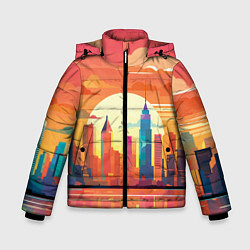 Куртка зимняя для мальчика Городской пейзаж на рассвете, цвет: 3D-черный
