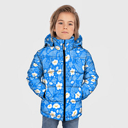 Куртка зимняя для мальчика Белые птицы голуби и цветы яблони на синем фоне не, цвет: 3D-светло-серый — фото 2