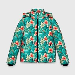 Куртка зимняя для мальчика Летние цветочки паттерн, цвет: 3D-черный