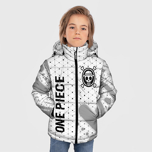 Зимняя куртка для мальчика One Piece glitch на светлом фоне: надпись, символ / 3D-Черный – фото 3