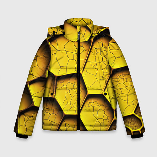 Зимняя куртка для мальчика Желтые шестиугольники с трещинами - объемная текст / 3D-Светло-серый – фото 1