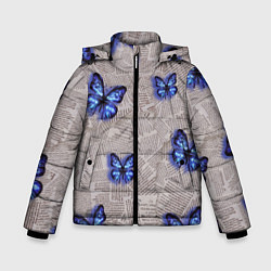 Куртка зимняя для мальчика Газетные обрывки и синие бабочки, цвет: 3D-черный