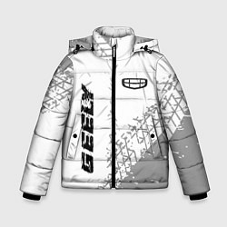 Куртка зимняя для мальчика Geely speed на светлом фоне со следами шин: надпис, цвет: 3D-черный