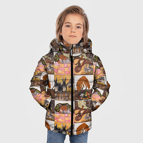 Зимняя куртка для мальчика Коллаж из рисунков с лисой / 3D-Черный – фото 3