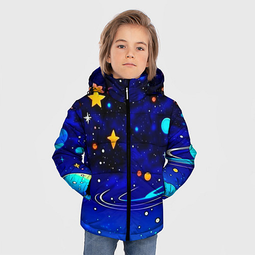 Зимняя куртка для мальчика Мультяшный космос темно-синий / 3D-Черный – фото 3