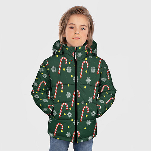 Зимняя куртка для мальчика Рождественский леденец и снежинки узор / 3D-Черный – фото 3