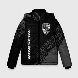 Зимняя куртка для мальчика Porsche speed на темном фоне со следами шин: надпи