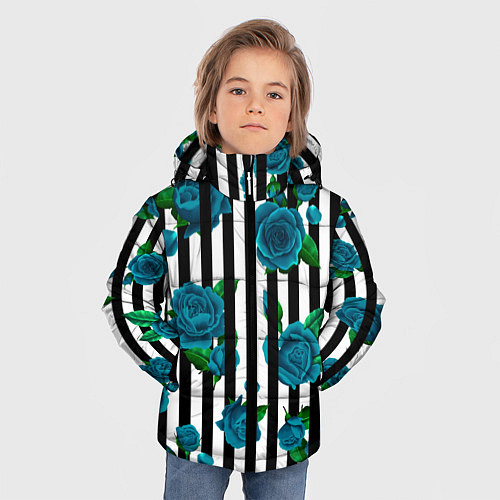 Зимняя куртка для мальчика Полосы и бирюзовые розы / 3D-Светло-серый – фото 3