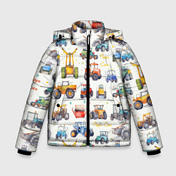 Куртка зимняя для мальчика Акварельные тракторы - детский паттерн, цвет: 3D-черный