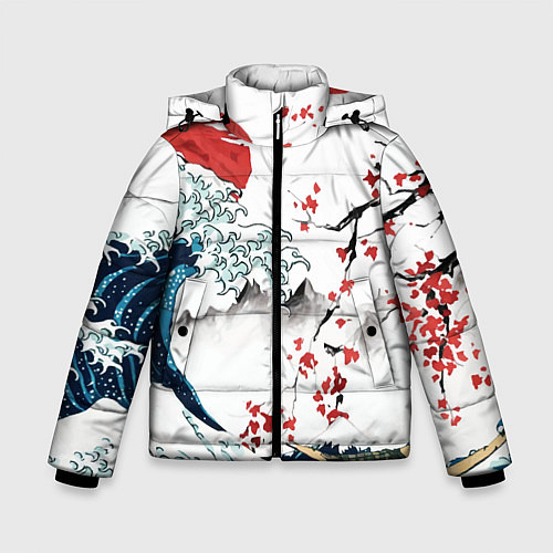 Зимняя куртка для мальчика Хокусай большая волна в Канагаве - пародия укиё / 3D-Светло-серый – фото 1