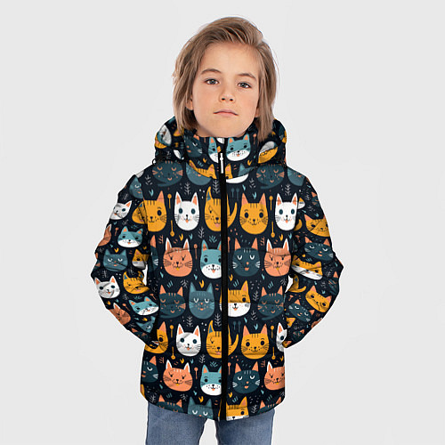 Зимняя куртка для мальчика Мордочки мультяшных котов узор / 3D-Светло-серый – фото 3