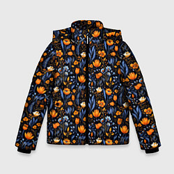 Куртка зимняя для мальчика Цветы на темном фоне узор, цвет: 3D-светло-серый