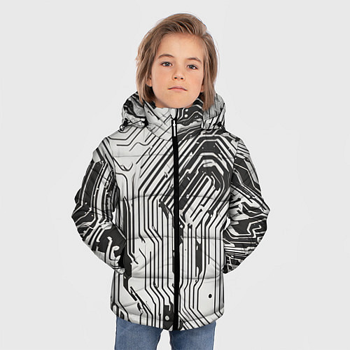 Зимняя куртка для мальчика Белые полосы на чёрном фоне / 3D-Красный – фото 3