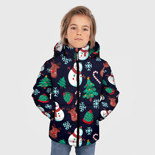 Зимняя куртка для мальчика Снеговички с рождественскими оленями и елками / 3D-Черный – фото 3
