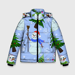 Куртка зимняя для мальчика Снеговики с новогодними елками паттерн, цвет: 3D-красный