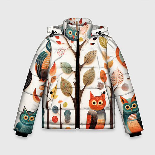 Зимняя куртка для мальчика Совы в осеннем лесу в стиле фолк-арт / 3D-Светло-серый – фото 1