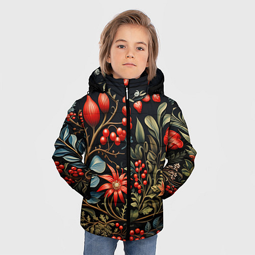 Зимняя куртка для мальчика Новогодние ягоды и цветы / 3D-Черный – фото 3