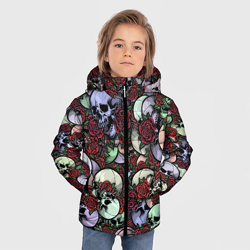 Зимняя куртка для мальчика Череп с розами паттерн / 3D-Черный – фото 3