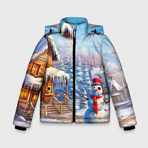 Зимняя куртка для мальчика Новогодняя деревня и снеговик / 3D-Светло-серый – фото 1